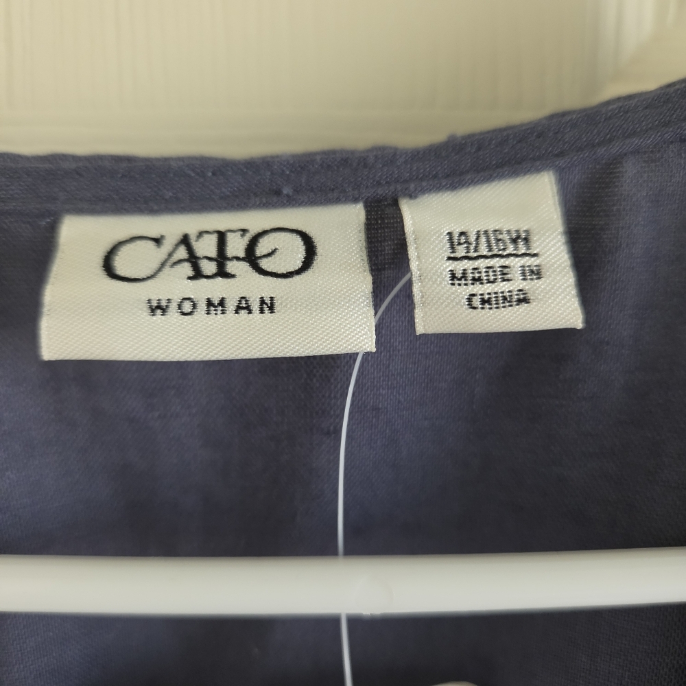 Cato Navy Blue Linen Blend Embroidered V-Neck Tunic Top Empire Waist Size 14/16W - Picture 2 of 7